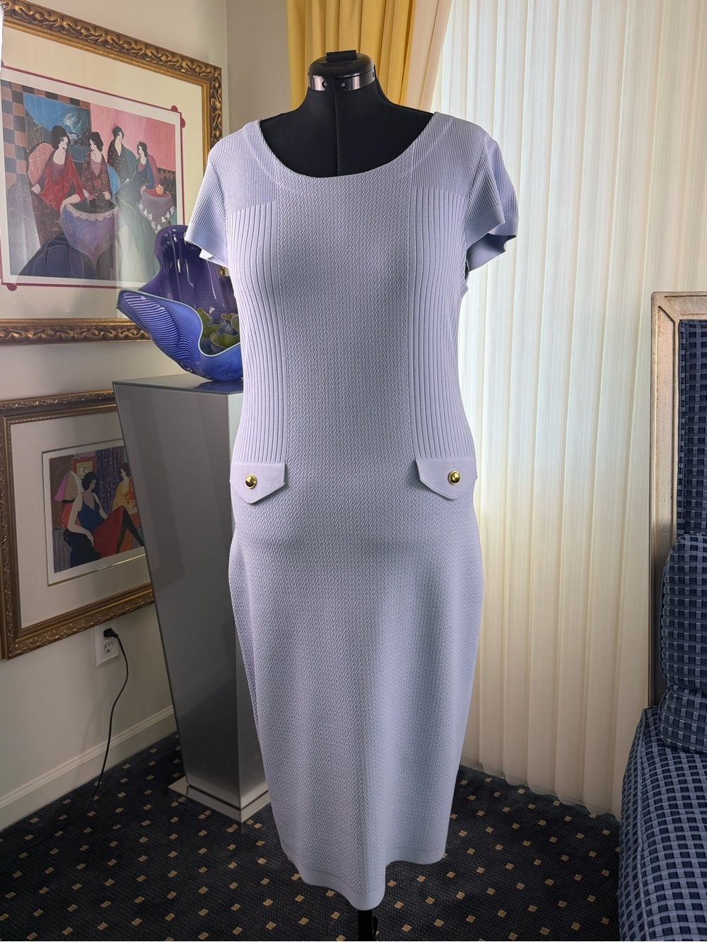 NWT St. John Lavender Knit Sheath Dress with Gold Buttons